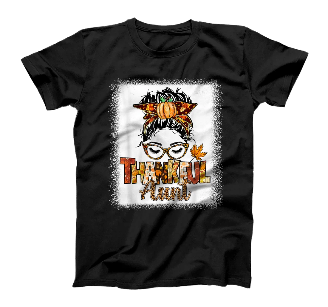 Personalized Womens Fall Mom One Thankful Aunt Messy Bun Pumpkins Season T-Shirt, Women T-Shirt