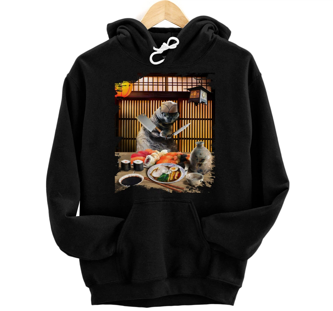 Personalized Chonk Cat Sushi Ramen Chef, Kitty Wearing Glasses, Funny Pullover Hoodie
