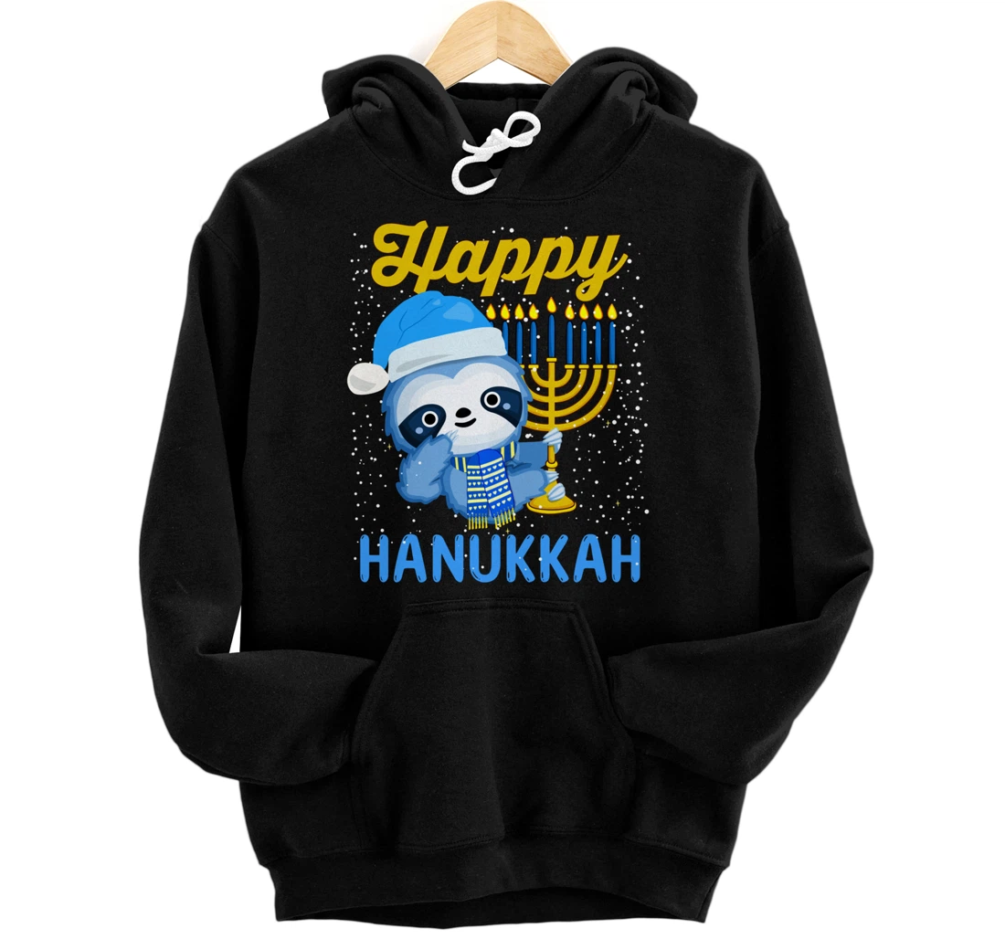 Personalized Cute Hanukkah Sloth Menorah Pajamas Hebrew Chanukah Girls Pullover Hoodie