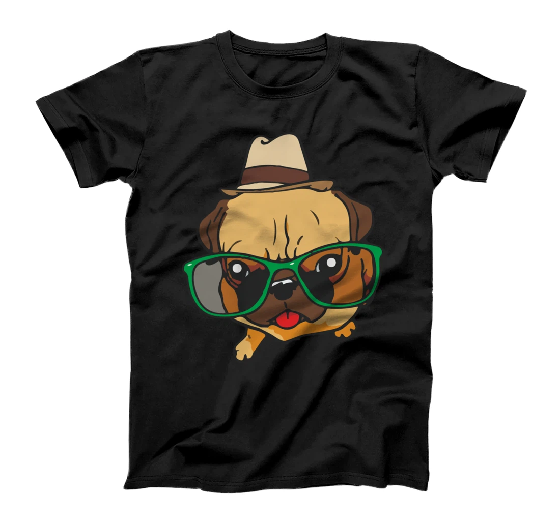Personalized Cute Dog with Glasses and Hat T-Shirt Funny Pug Fan Shirt T-Shirt