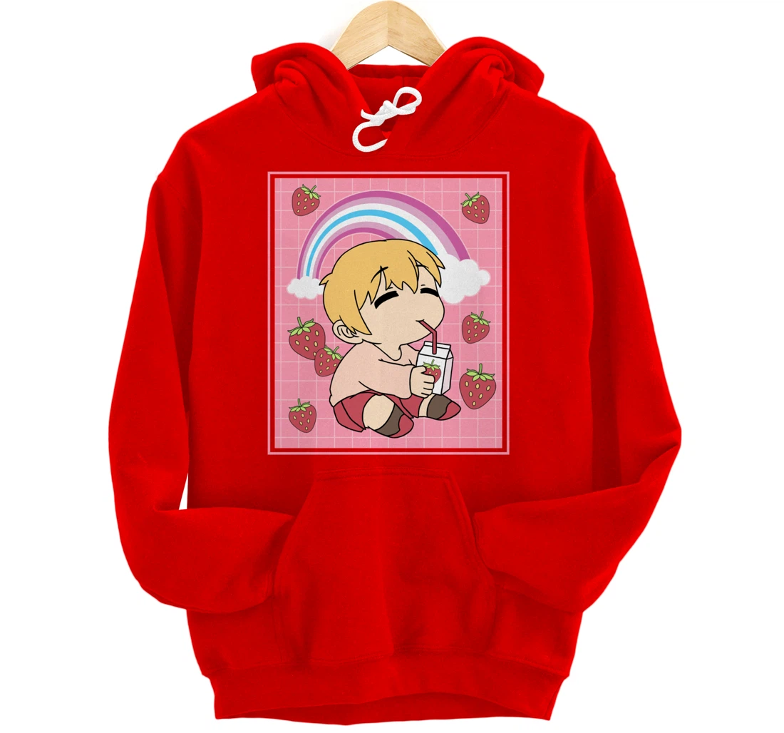 Personalized Femboy Chibi Anime Boy Drinking Japanese Strawberry Milk Pullover Hoodie Fashion 8074