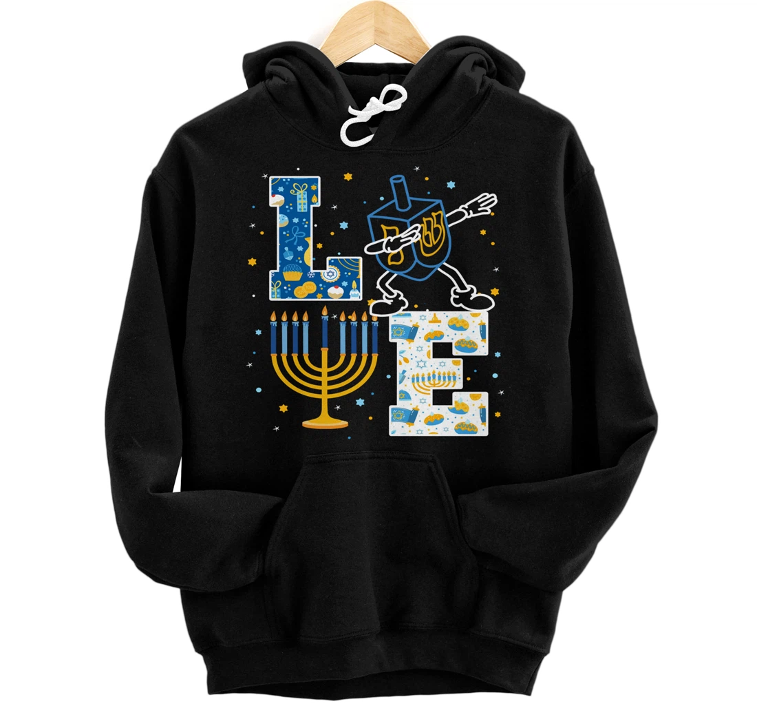 Personalized LOVE Cute Hanukkah Decorations Dreidel Menorah Chanukah Pullover Hoodie