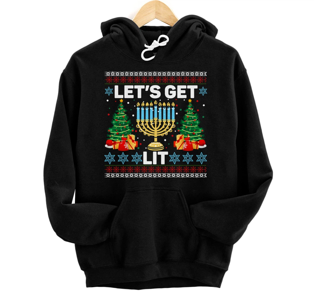 Personalized Lets Get Lit Menorah Funny Ugly Hanukkah Sweater Pullover Hoodie