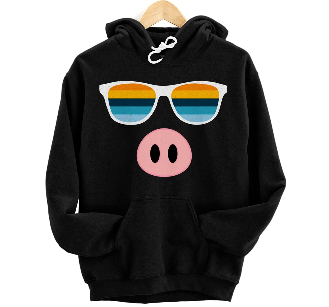 Personalized Funny Pig Farmer, Vintage Retro Sunset Sunglasses, Farming Pullover Hoodie