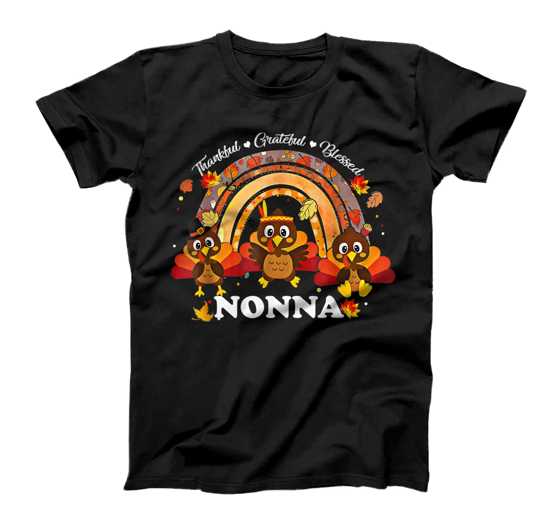 Personalized Womens Nonna Turkey Rainbow Sunflower Thankful Grateful Blessed T-Shirt, Kid T-Shirt and Women T-Shirt