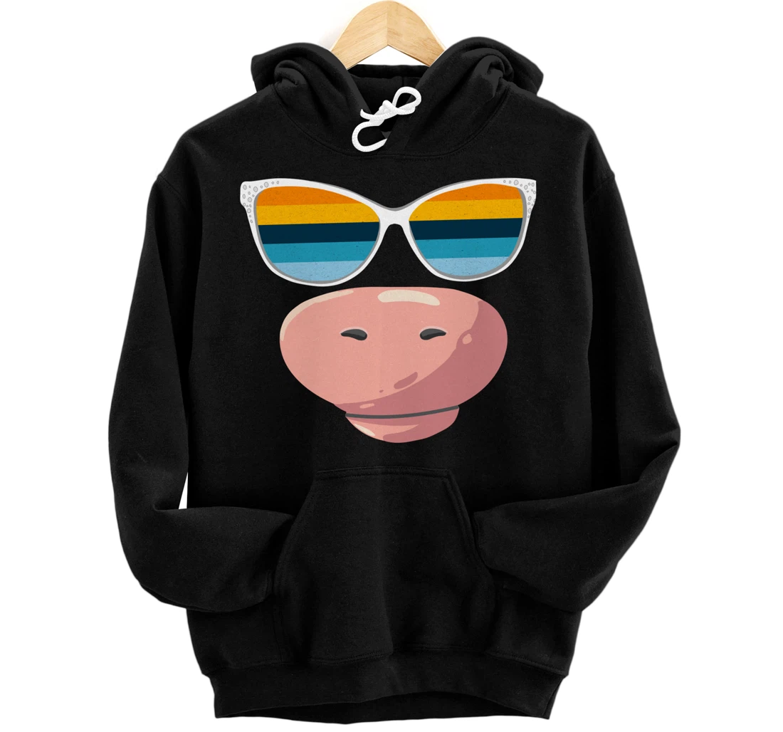 Personalized Funny Cow Farmer, Vintage Retro Sunset Sunglasses, Farming Pullover Hoodie