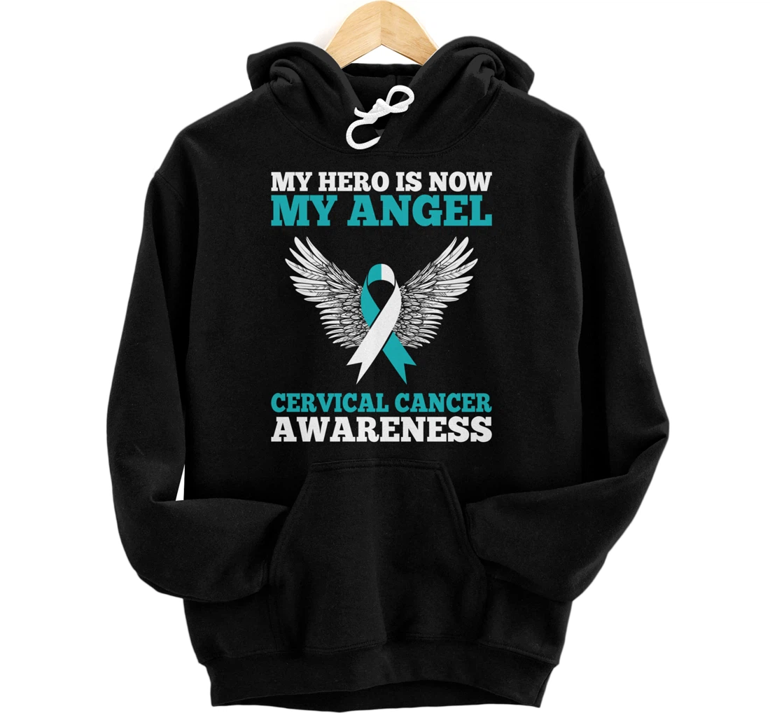 Personalized My Hero is Now My Angel Cervical Cancer Awareness Ribbon Pullover Hoodie
