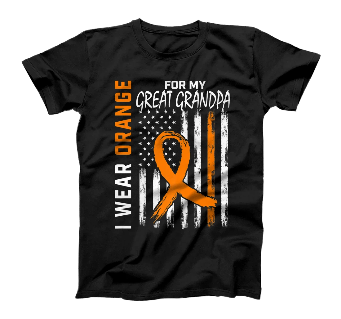Personalized Womens Orange For My Great Grandpa Leukemia Cancer Awareness Flag T-Shirt, Kid T-Shirt and Women T-Shirt