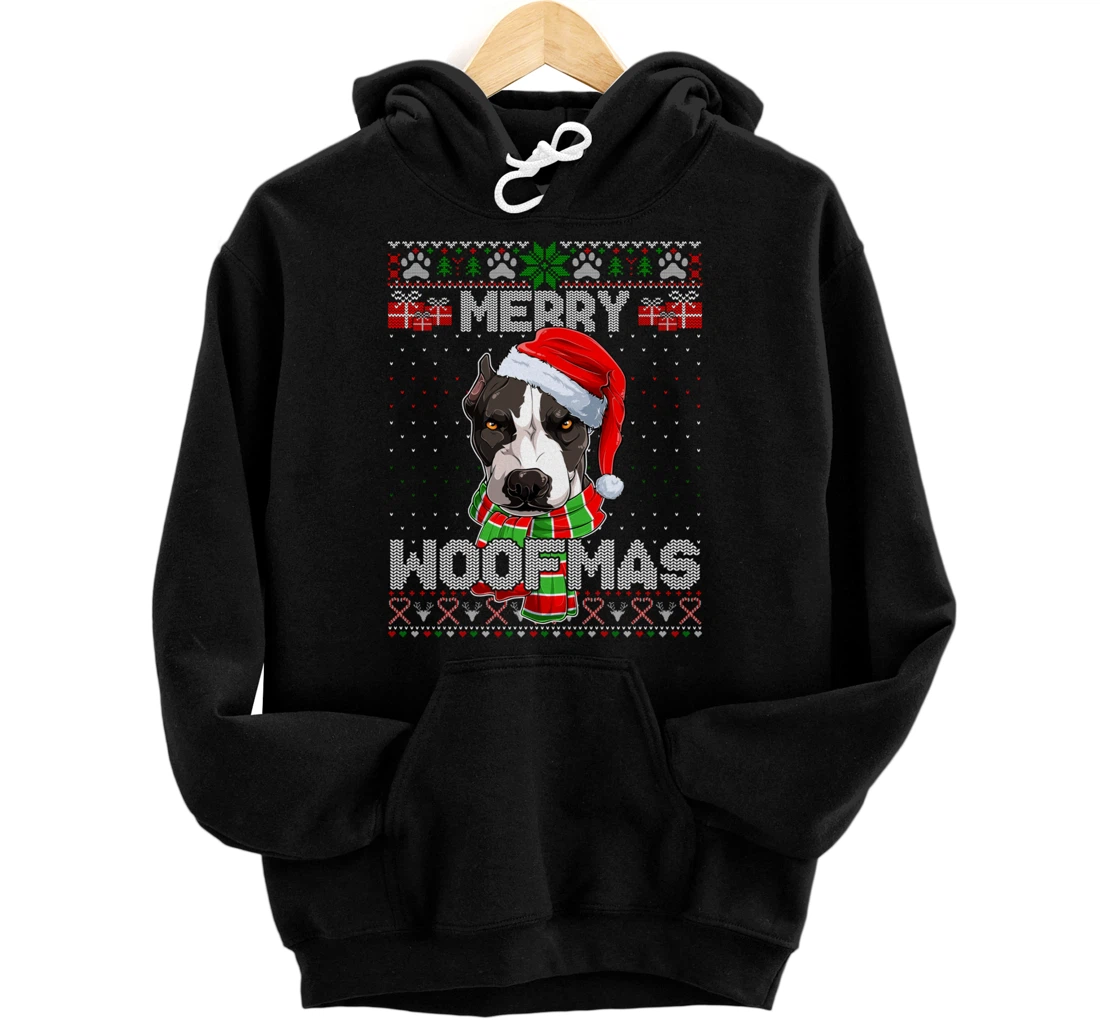 Personalized Merry Woofmas Pitbull Lover Santa Scarf Ugly Xmas Sweater Pullover Hoodie