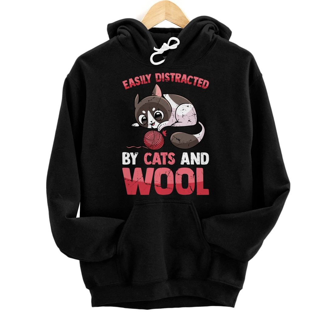 Personalized Easily Distracted By Cats And Wool - Japanese Kitten Kawaii Pullover Hoodie