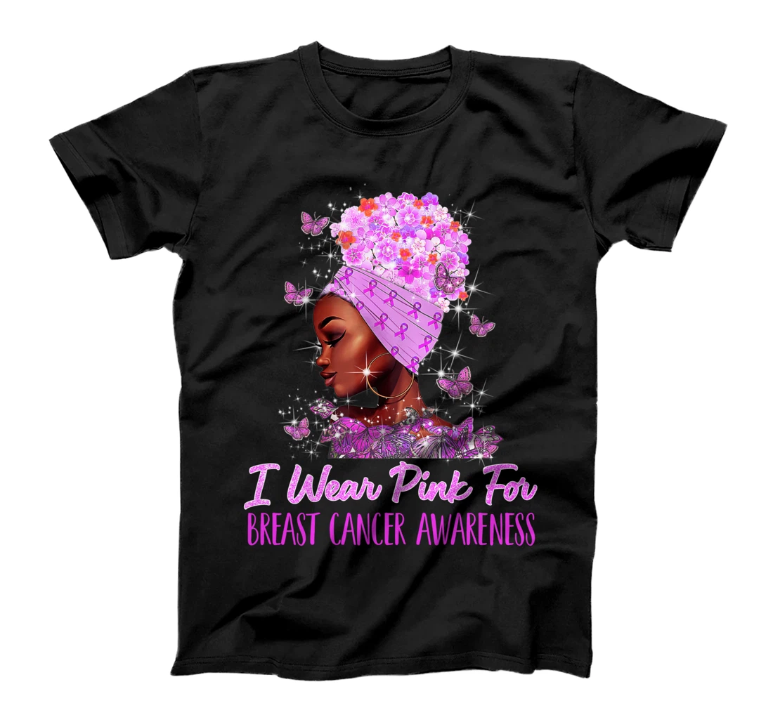 Personalized I Wear Pink For Breast Cancer Awareness Black Women T-Shirt