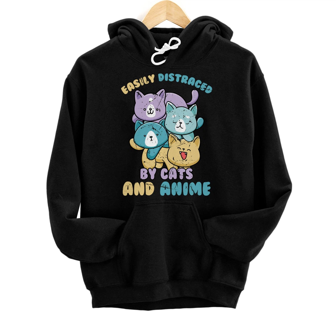 Personalized Easily Distracted By Cats and Anime - Japanese Kawaii Otaku Pullover Hoodie