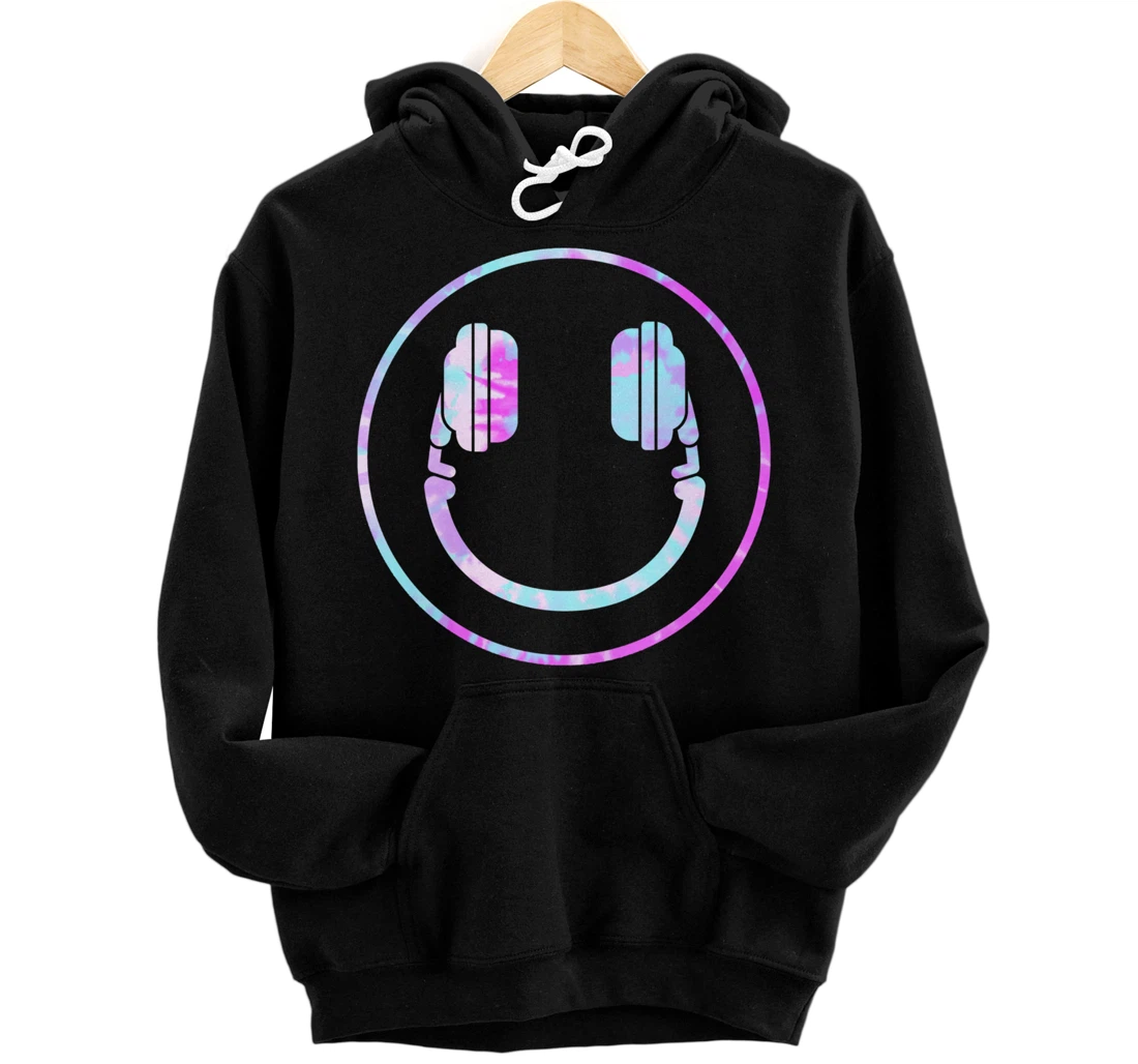 Personalized Cool Tie Dye Psychedelic Transparent DJ Smiley Face Backside Pullover Hoodie