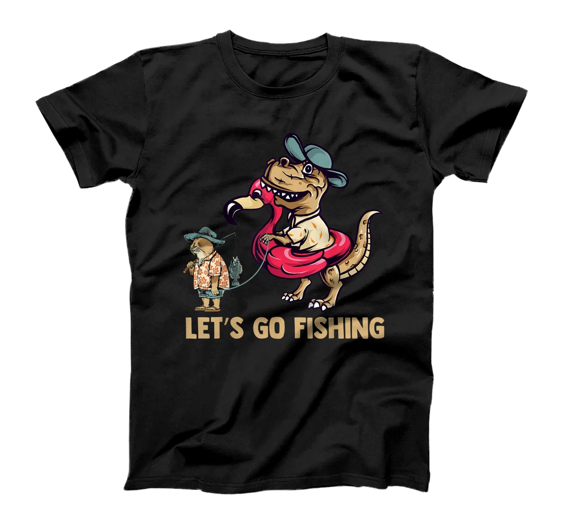 Personalized Let's Go Fishing, Funny Cat and T-Rex T-Shirt, Women T-Shirt