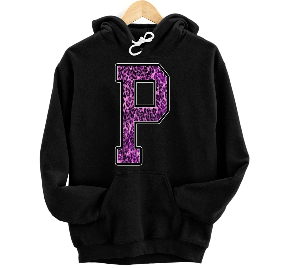 Personalized Leopard Cheetah Print Capital Letter P Monogram Initial Pink Pullover Hoodie