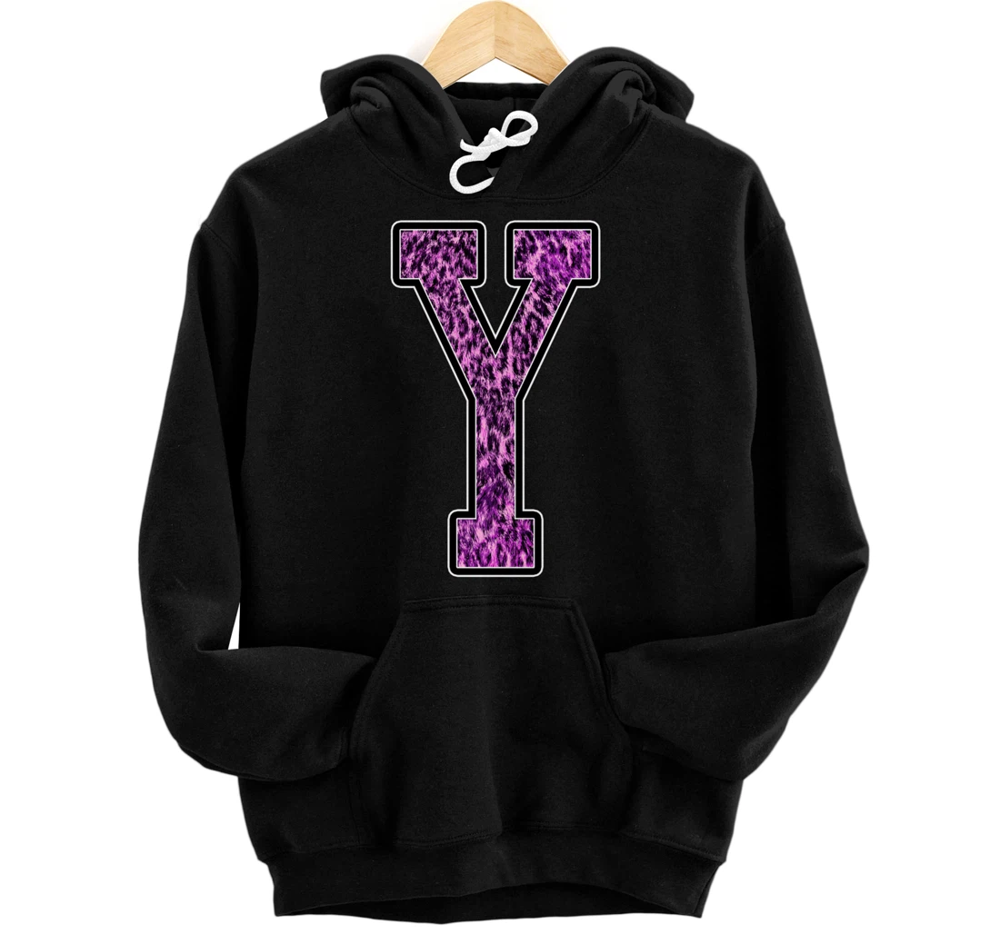 Personalized Leopard Cheetah Print Capital Letter Y Monogram Initial Pink Pullover Hoodie