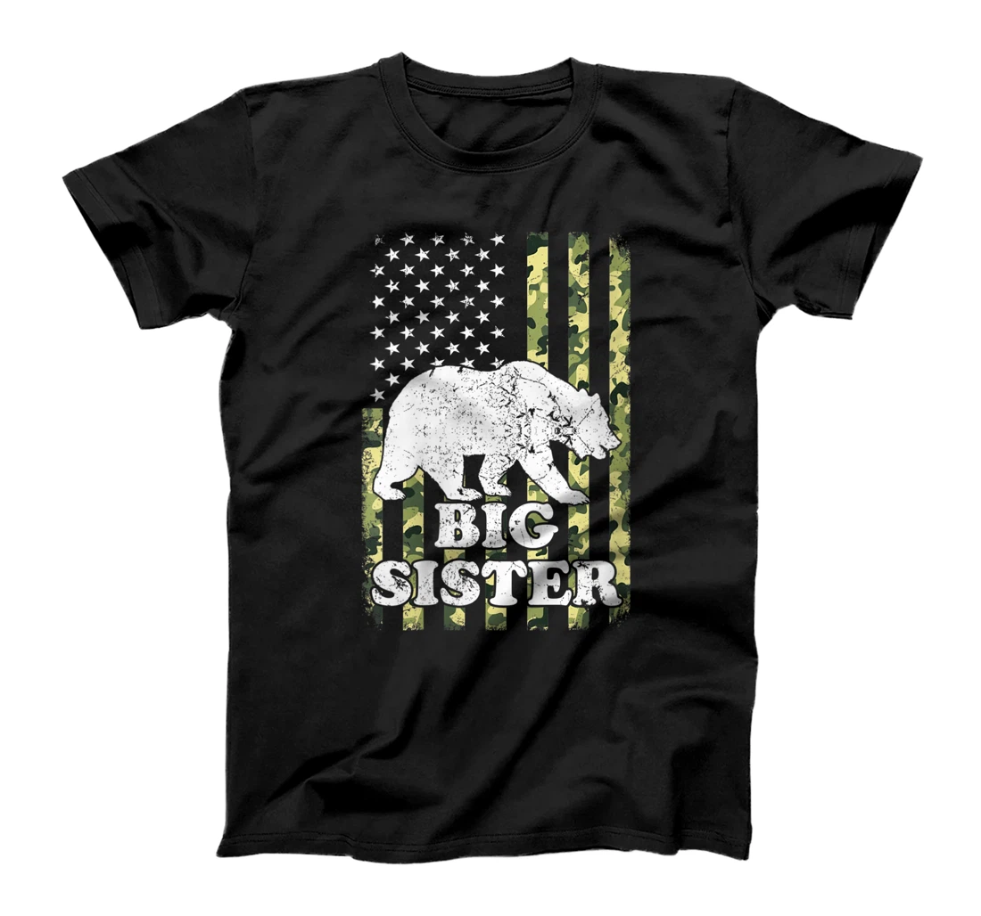 Personalized Womens Big Sister Bear Camping Hiking Camouflage USA American Flag T-Shirt, Women T-Shirt
