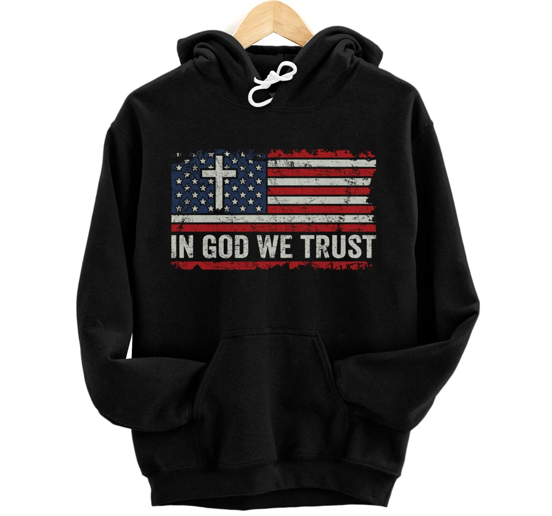 Personalized In God We Trust - Vintage USA Flag Cross Patriotic Christian Pullover Hoodie