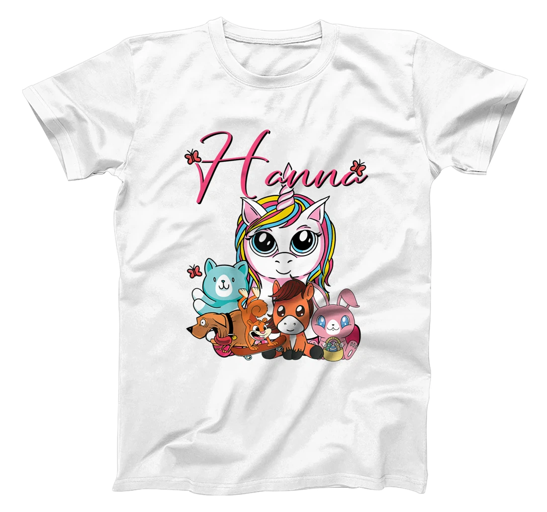 Personalized Hanna with Unicorn Cat Butterfly Dog Rabbit & Horse T-Shirt, Kid T-Shirt and Women T-Shirt