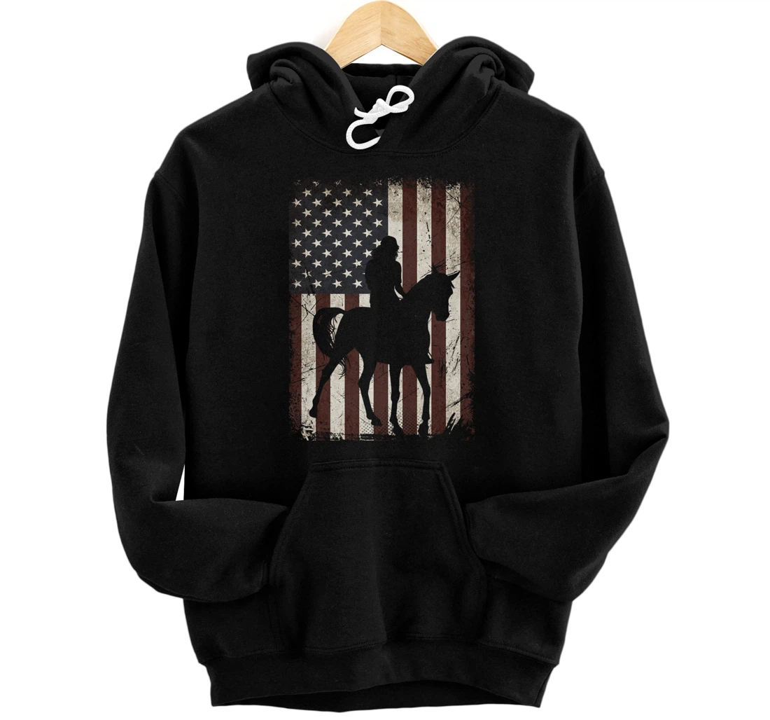 Personalized Riding Equestrian American Flag Vintage HorseBack Rider Gift Pullover Hoodie