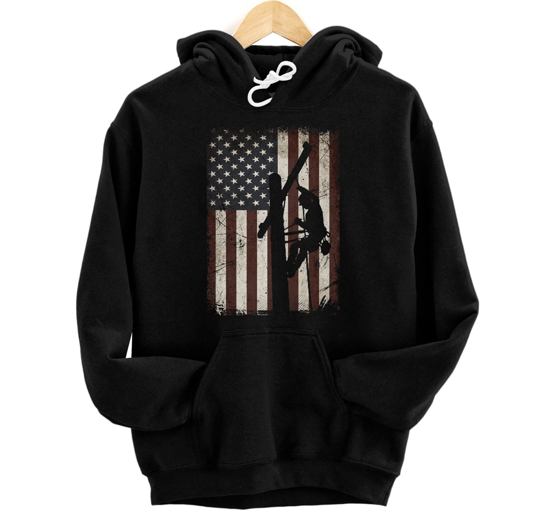 Personalized Electrician American Flag Vintage Electrical Lineman Gifts Pullover Hoodie