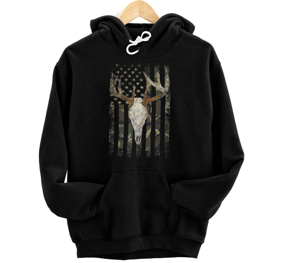 Personalized Deer Hunting Skull American Camo USA Flag Whitetail Buck Pullover Hoodie