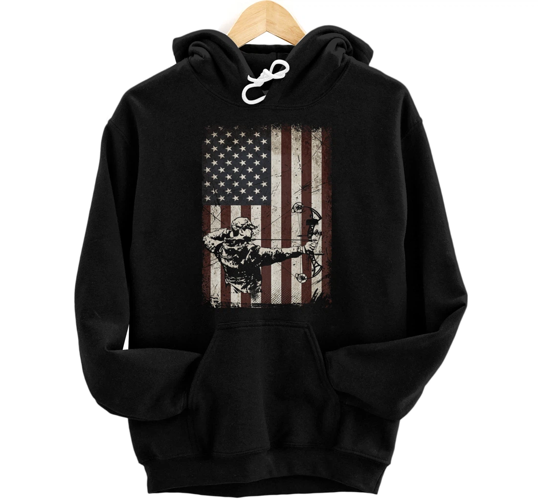 Personalized Hunting Archer American Flag Vintage Bowhunting Hunter Gifts Pullover Hoodie