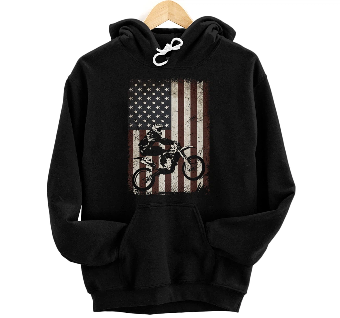 Personalized Motocross Motorcross Dirt Bike American Flag Vintage Biker Pullover Hoodie