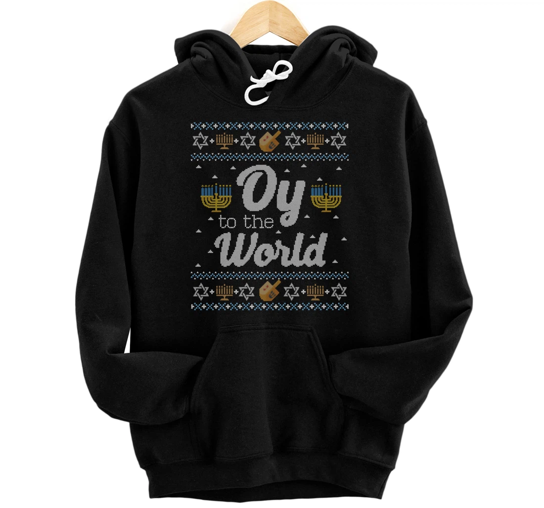 Personalized Funny Ugly Hanukkah Hoodie Oy To The World Pullover Hoodie