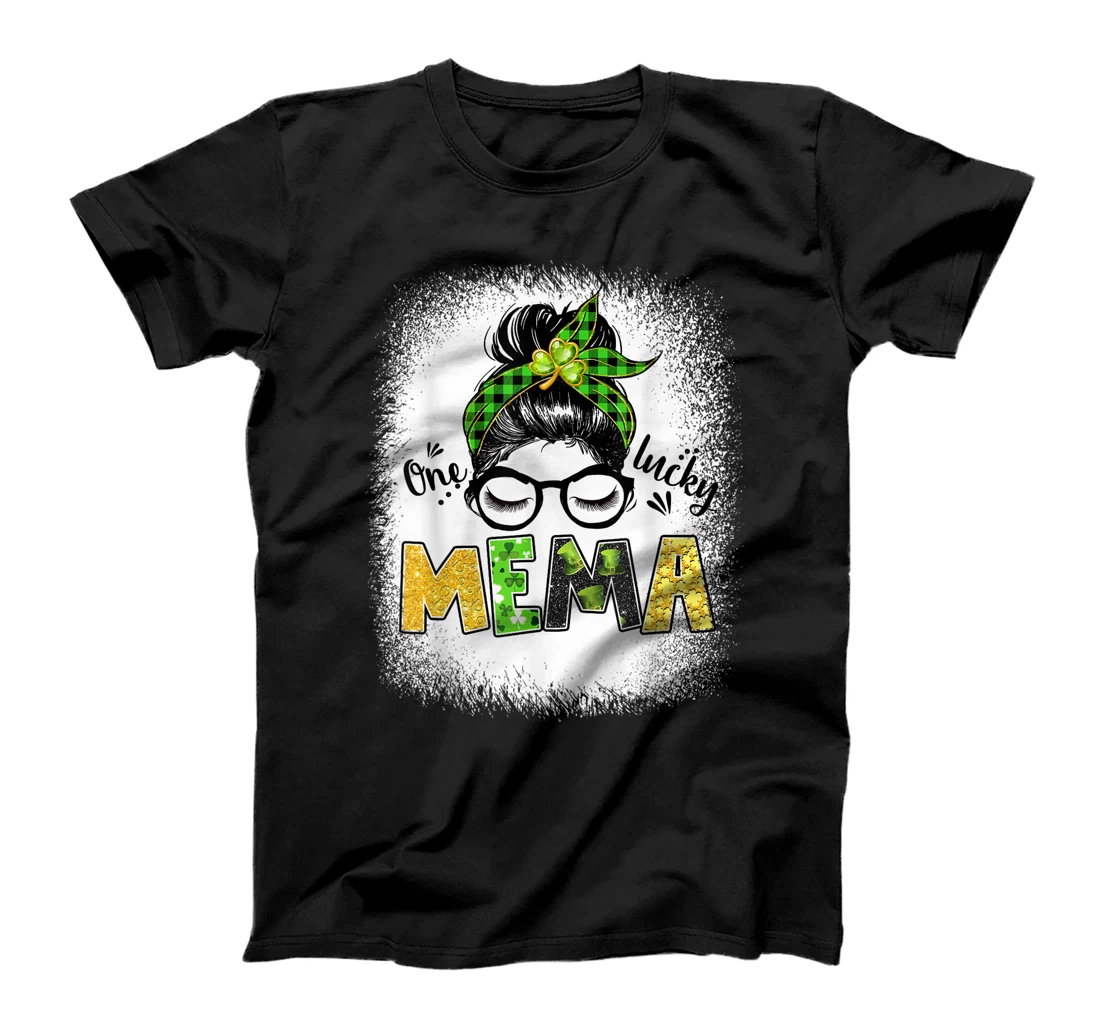 Personalized Womens One Lucky Mema Messy Bun Leopard St Patrick's Day T-Shirt, Kid T-Shirt and Women T-Shirt