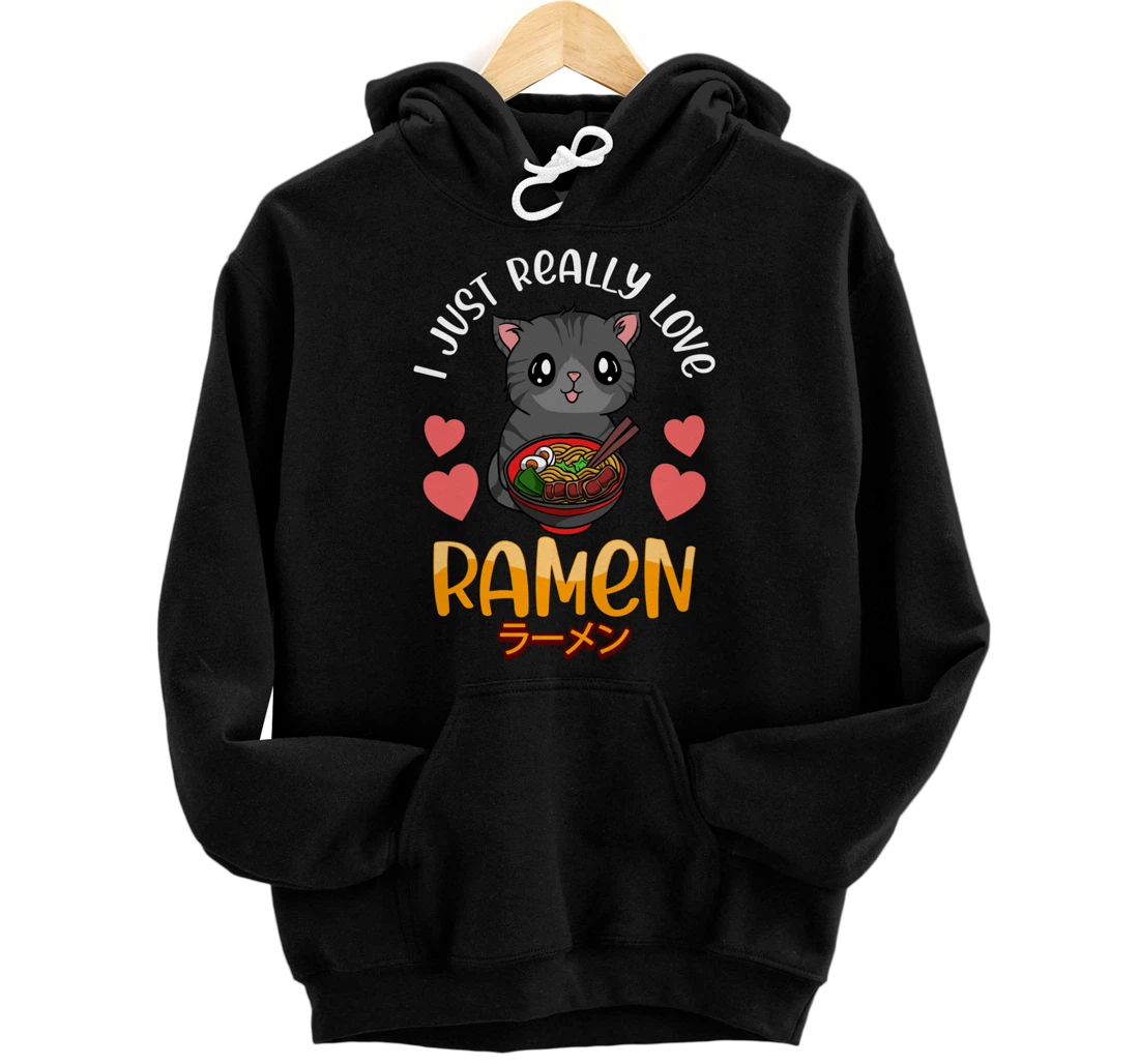 Personalized Kawaii Anime Cat Eating Ramen Japanese Noodles Ramen Lover Pullover Hoodie