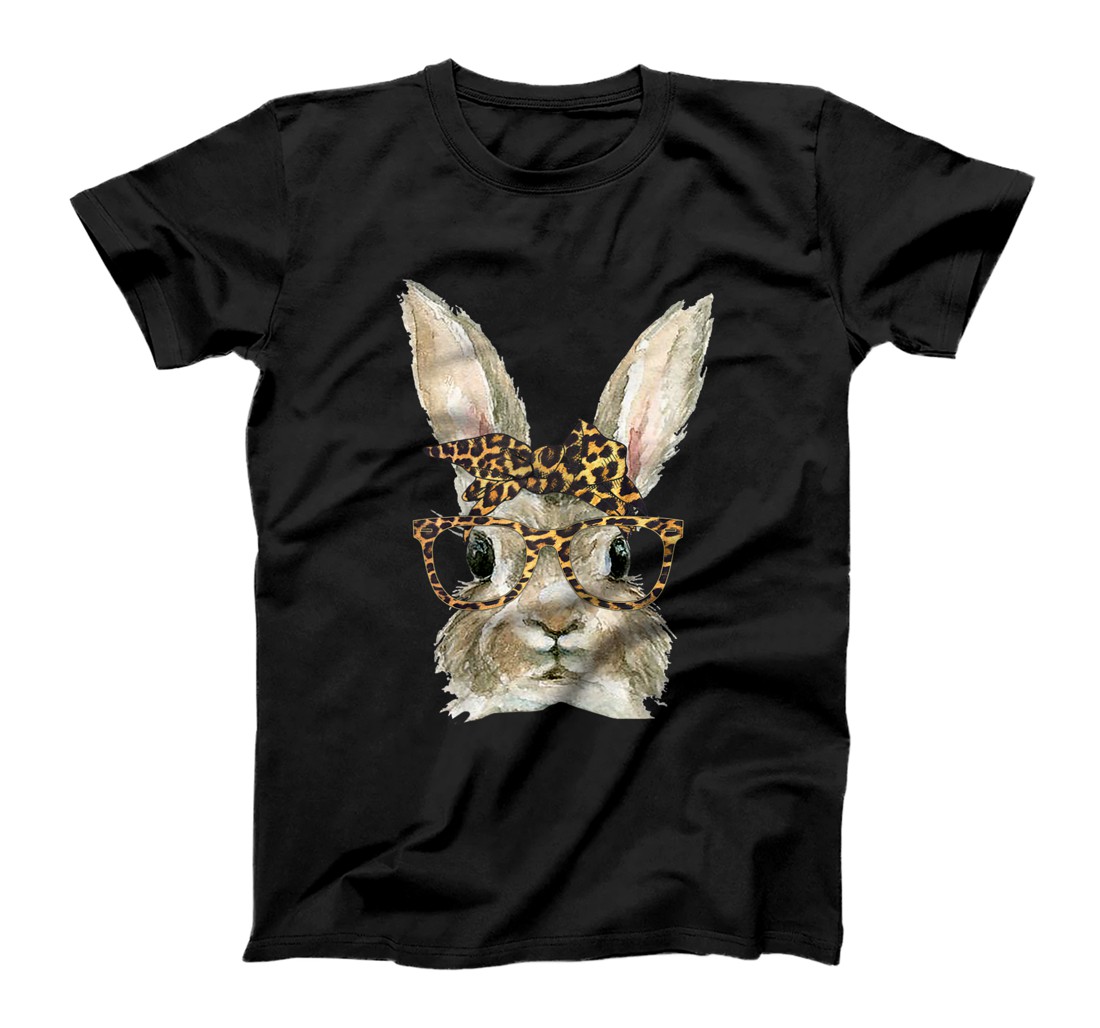 Personalized Womens Bunny Rabbit Glasses Leopard Print Bow Funny Hipster Easter T-Shirt, Women T-Shirt