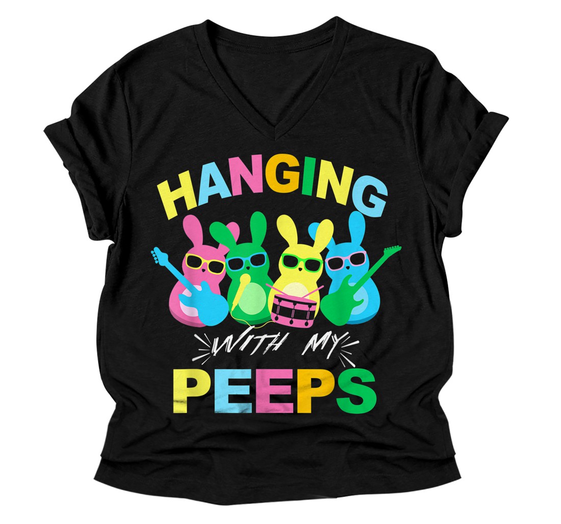 Personalized Hanging With My Peeps Cute Easter Sunday Christian Rock Band V-Neck T-Shirt