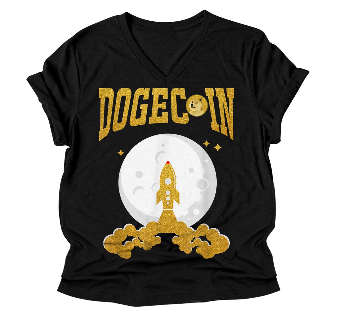 Personalized Dogecoin to the Moon V-Neck T-Shirt, Rocket Doge Coin Crypto V-Neck T-Shirt