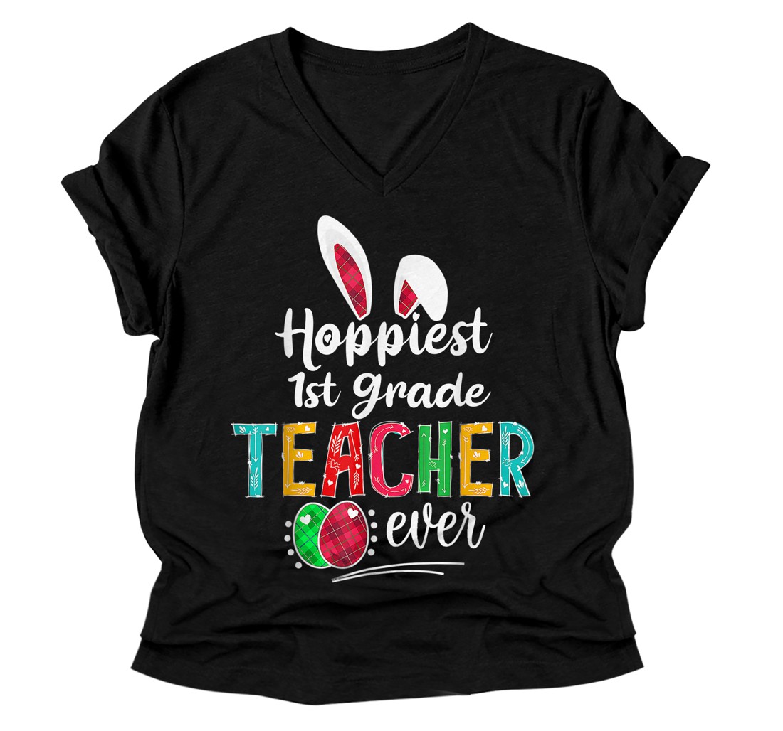 Personalized Hoppiest First Grade Teacher Ever Easter Bunny Teacher V-Neck T-Shirt