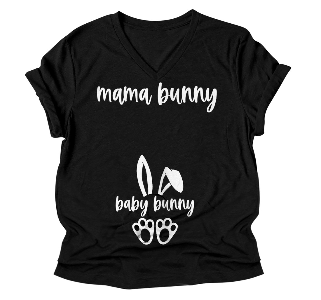 Personalized Womens Funny Easter Pregnancy Announcement Mama Bunny Baby Bunny V-Neck T-Shirt