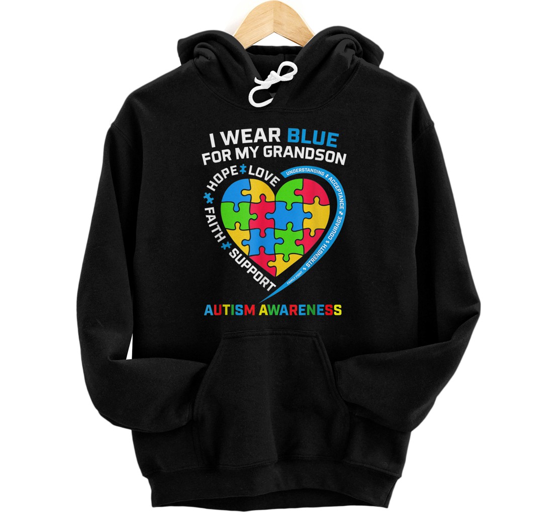 Personalized Grandma Grandpa I Wear Blue For My Grandson Autism Awareness Pullover Hoodie