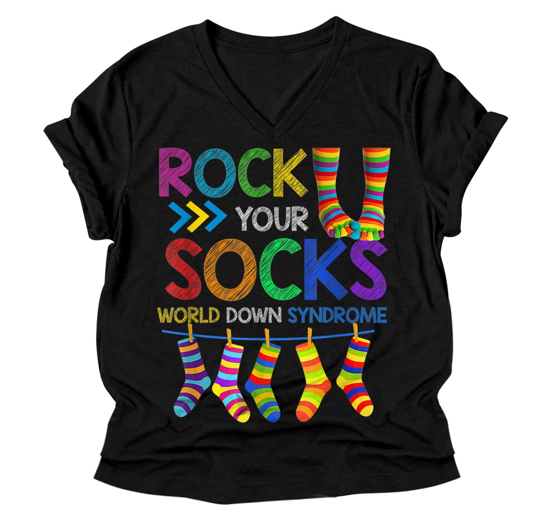 Personalized World Down Syndrome Day T Shirt Rock Your Socks Awareness V-Neck T-Shirt