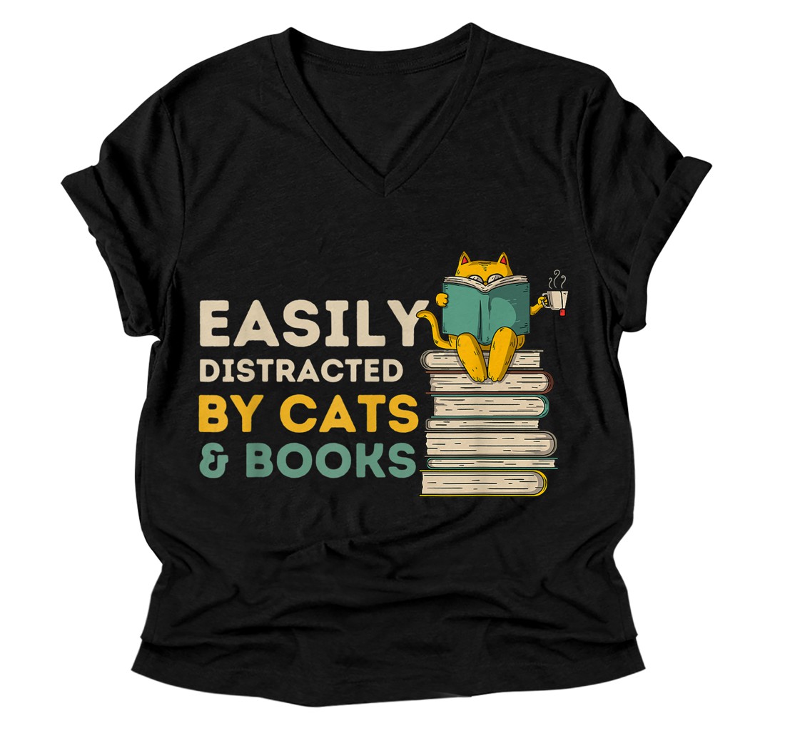 Personalized Easily Distracted By Cats And Books - Funny Book & Cat Lover V-Neck T-Shirt