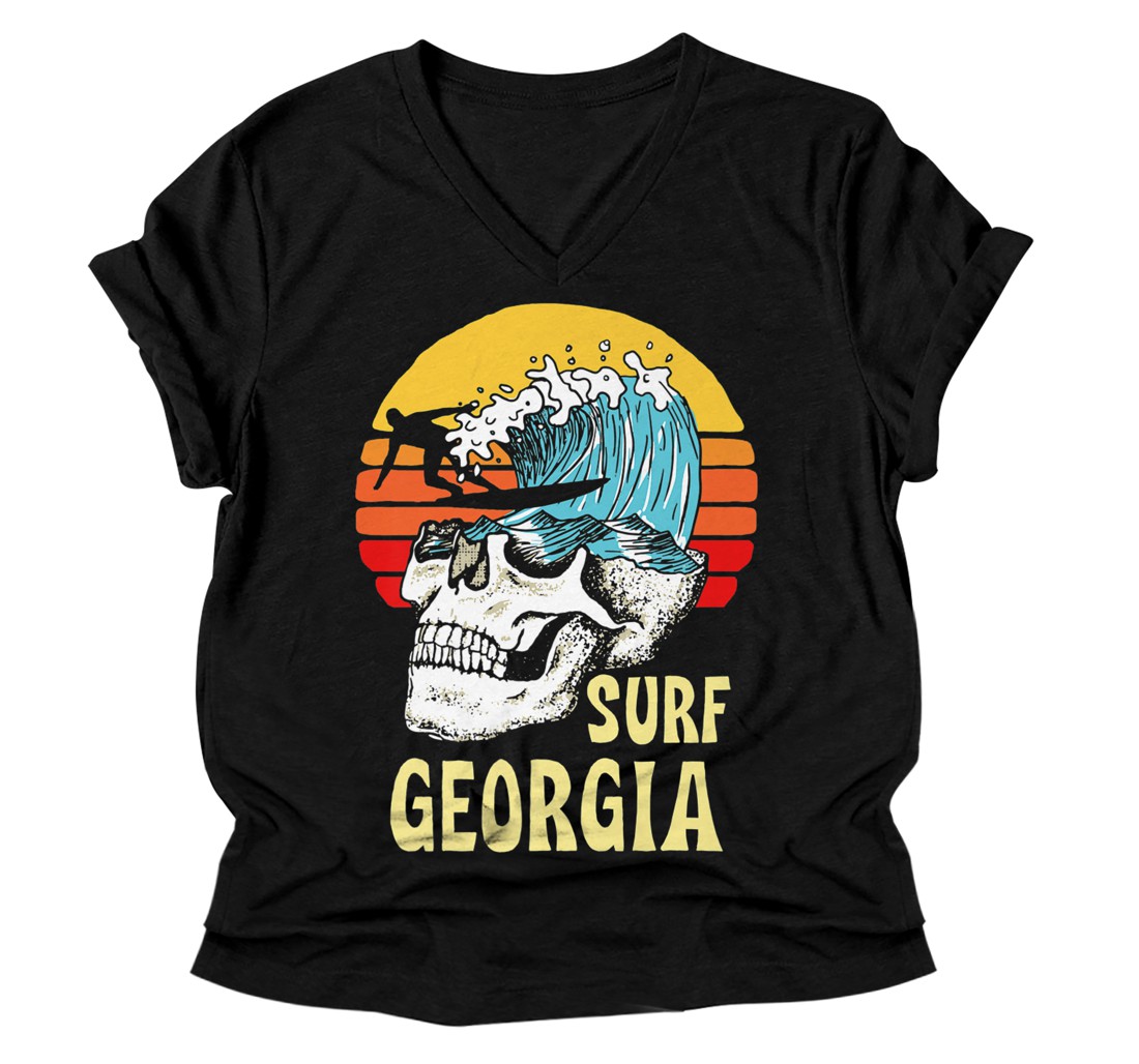 Personalized Surf Georgia Vintage Artistic Skull, Surfer & Wave Beach Premium V-Neck T-Shirt