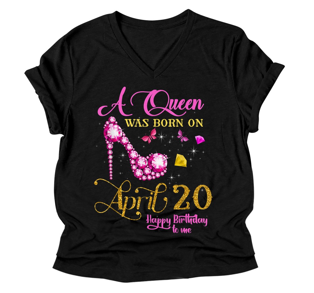 Personalized A Queen Was Born on April 20, 20th April Birthday V-Neck T-Shirt