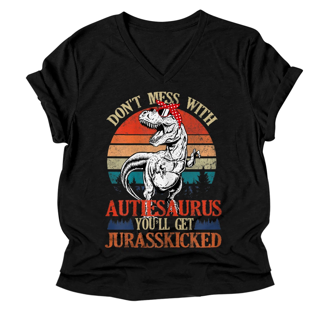 Personalized Womens Don't Mess With Auntiesaurus You'll Get Jurasskicked-Auntie V-Neck T-Shirt