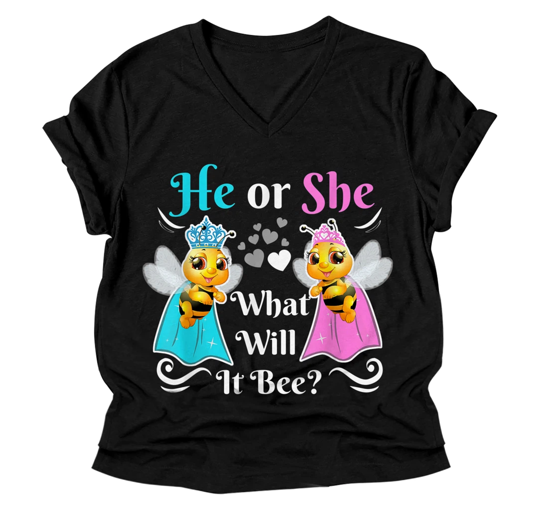 Personalized Cute He or She What Will It Bee Boy Girl Gender Reveal Party V-Neck T-Shirt