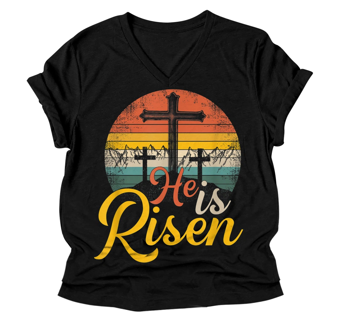 Personalized He Is Risen - Christian Easter Jesus V-Neck T-Shirt