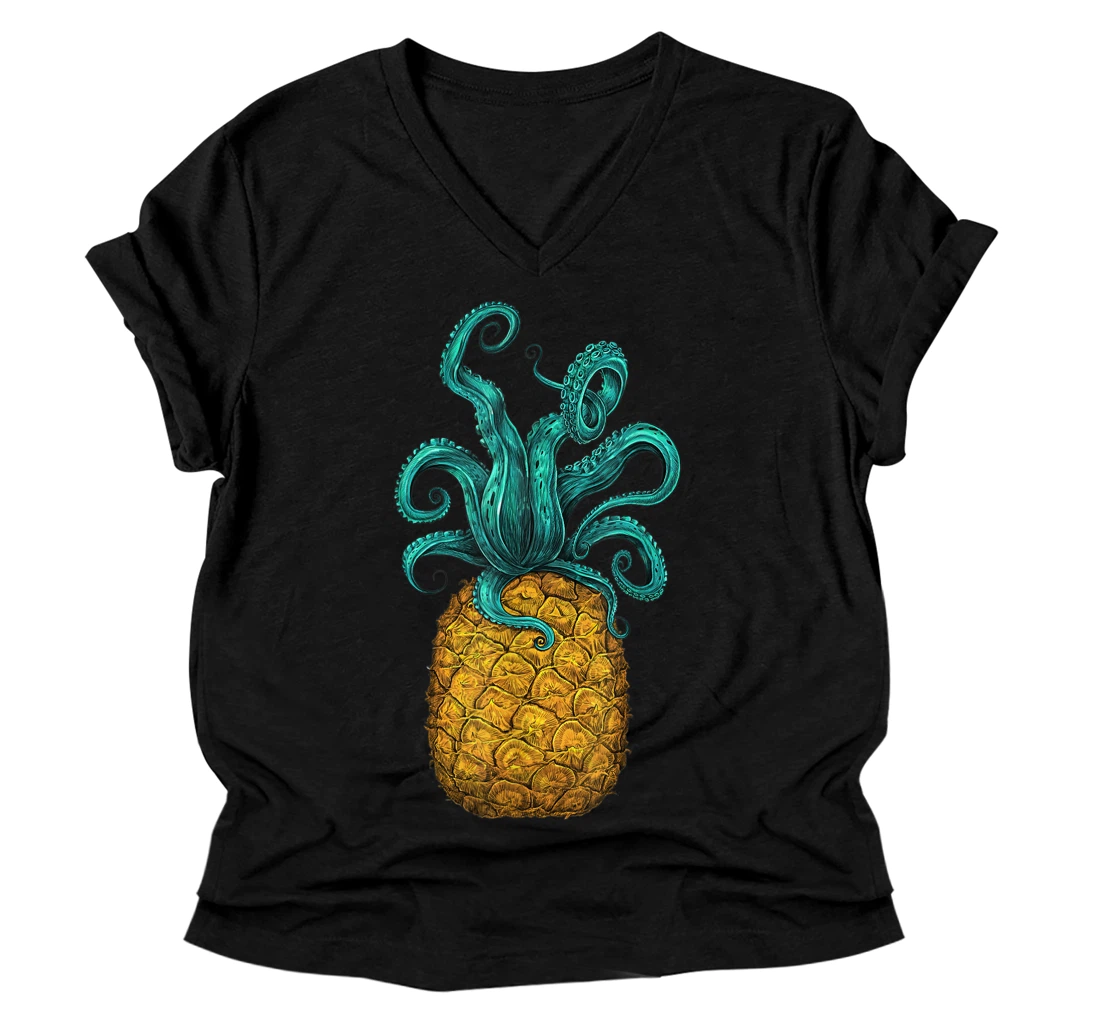 Personalized Hawaiian Octopus Pineapple Aloha Beach Hawaii Summer V-Neck T-Shirt