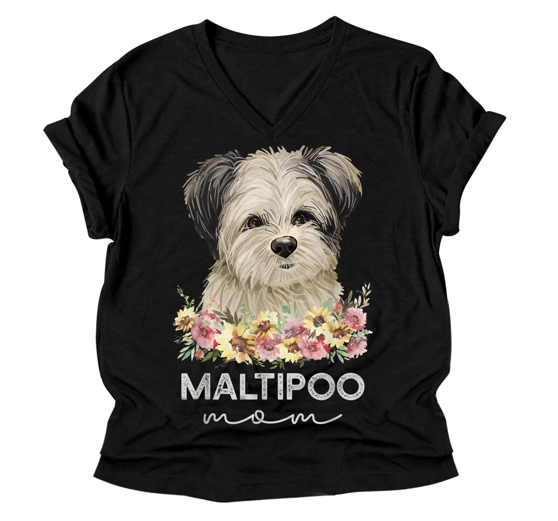 Personalized Maltipoo Mom Dog Mama Floral V-Neck T-Shirt