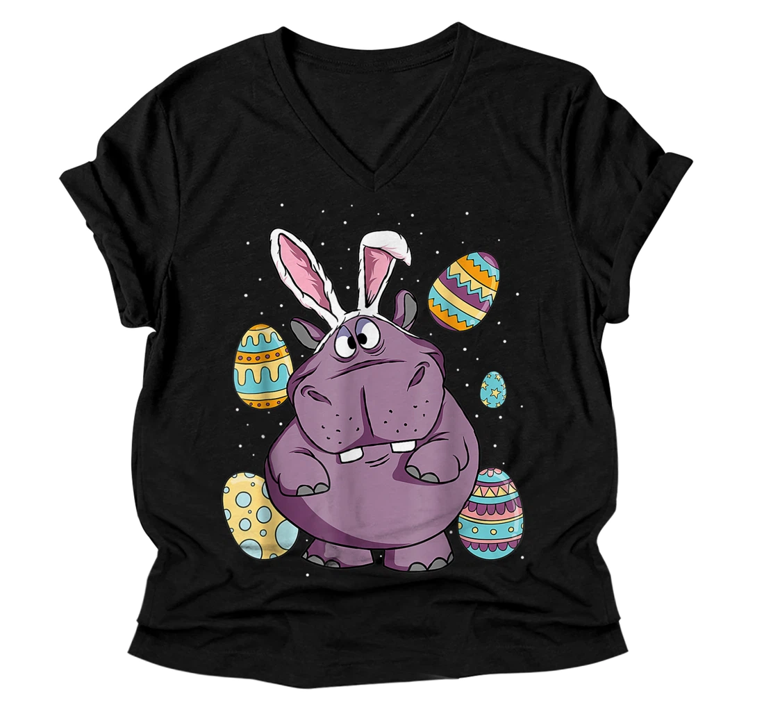 Personalized Funny Hippo Wearing Rabbit Bunny Ears Easter Sunday V-Neck T-Shirt