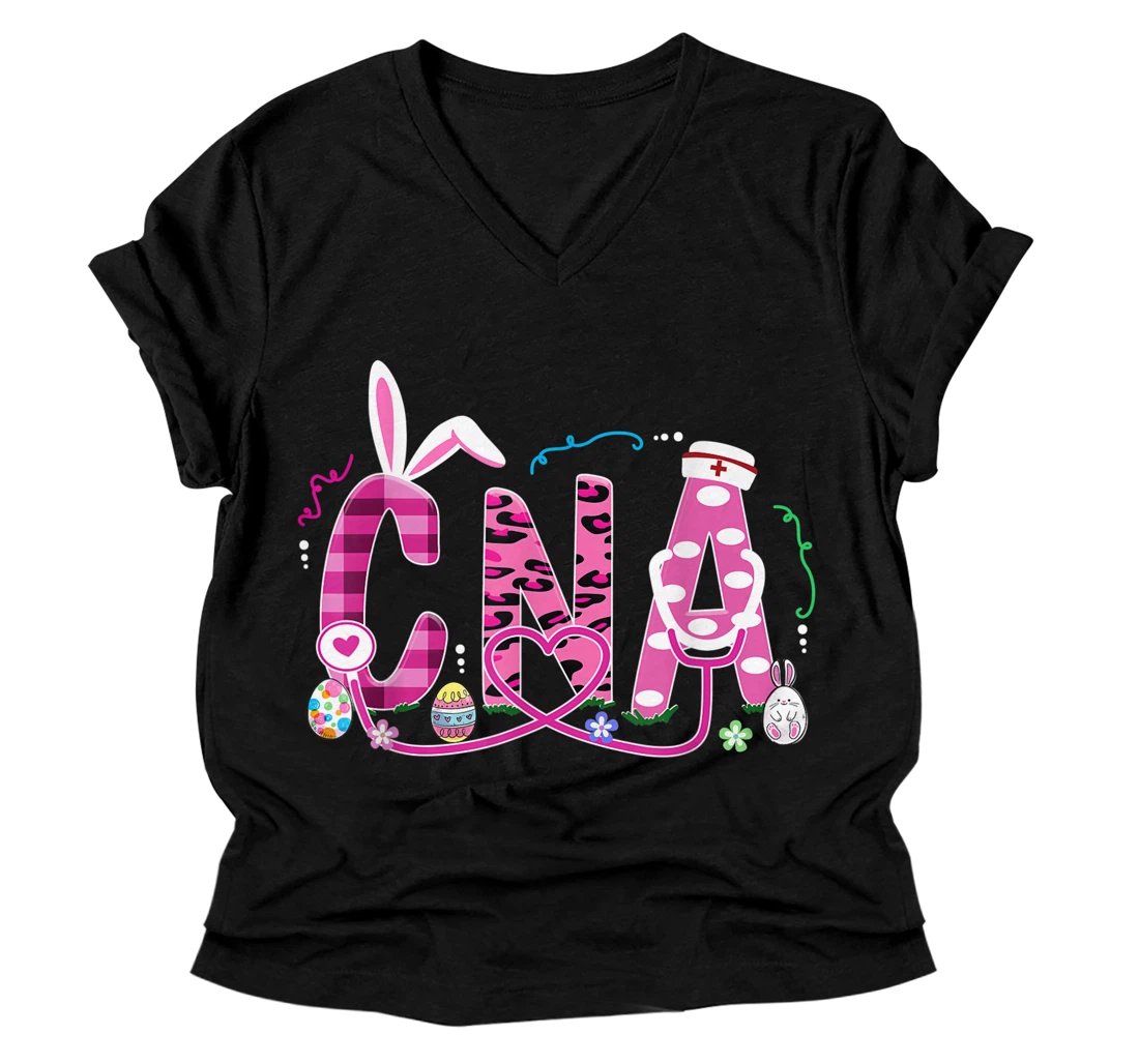 Personalized CNA Leopard Plaid Bunny Ears Nursing Lovers Easter Day Tees V-Neck T-Shirt