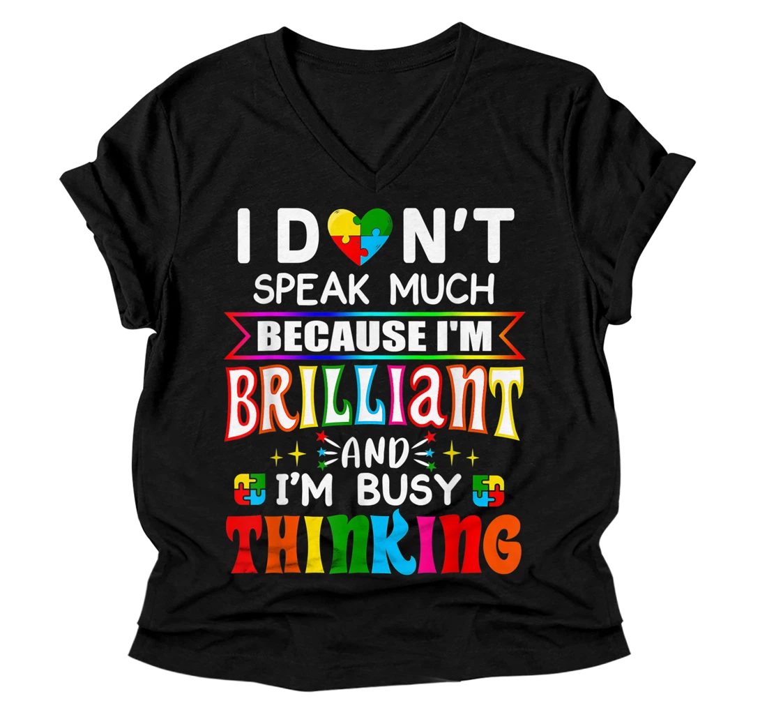 Personalized I Dont Speak Much Brilliant Gift Autism Autistic Boys Girls V-Neck T-Shirt