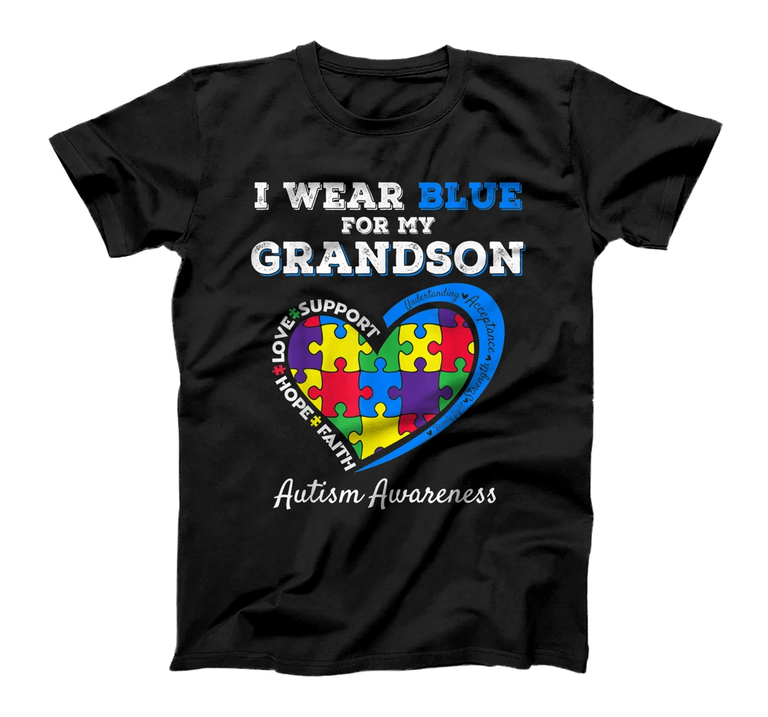 Personalized I Wear Blue For My Grandson Autism Awareness Grandpa Grandma T-Shirt, Kid T-Shirt and Women T-Shirt